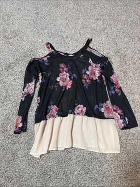 Black Floral Cold-Shoulder Top with Cream Hem